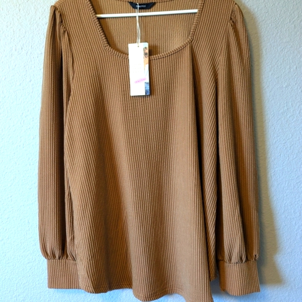 Tan Long Sleeve Square Neck Puff Sleeves Relaxed Blouse Top Sz XL - Picture 7 of 13